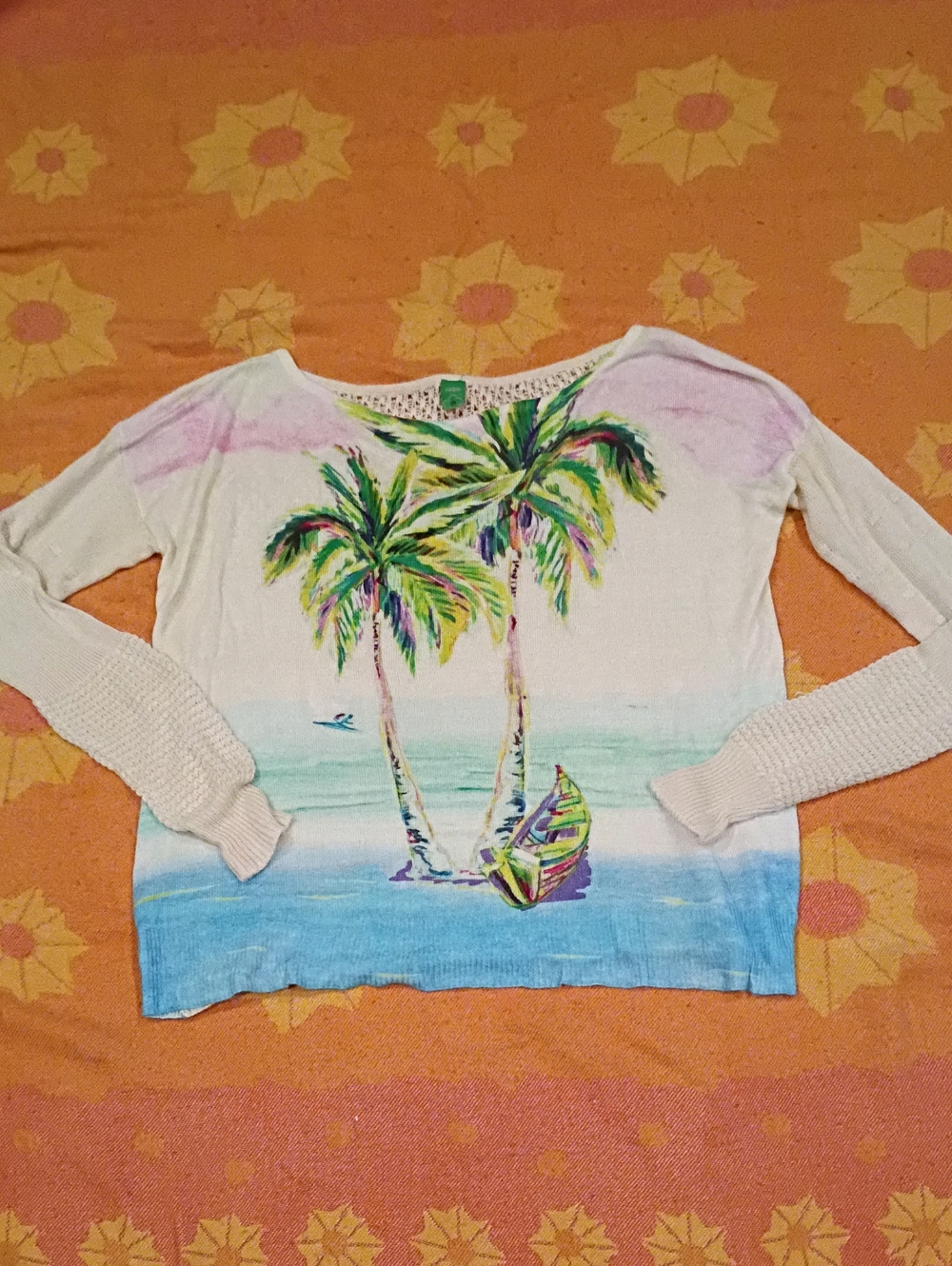 Farm Rio Tropical Beach Scene Sweater Crochet M